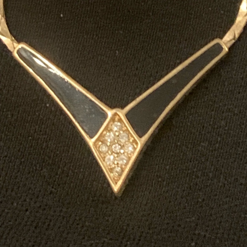 Vintage Dior Gold-Tone V-Point Necklace with Black Enamel and Crystal Accent